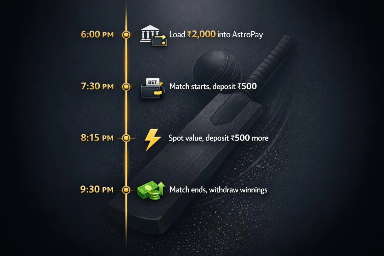 AstroPay cricket betting match day preparation timeline showing pre-load, deposit, and withdraw flow