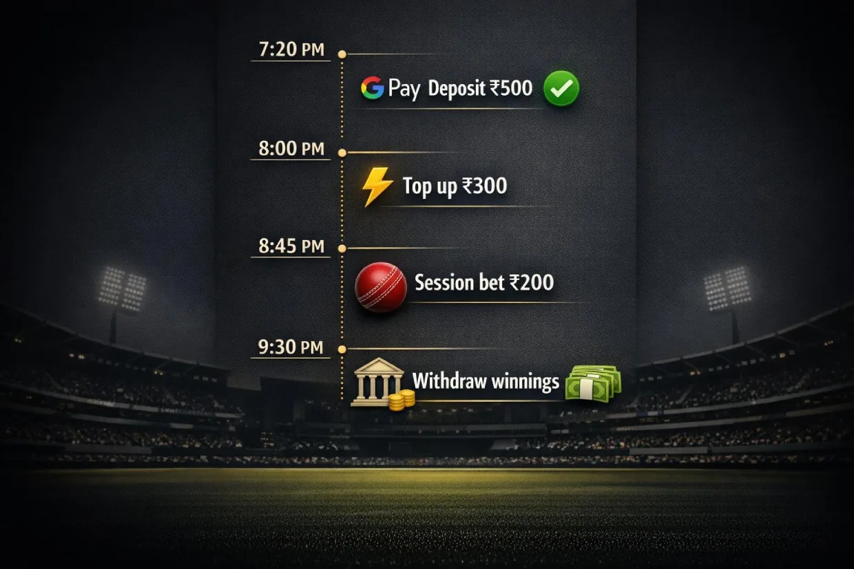 Google Pay betting flow during an IPL match showing multiple instant deposits and withdrawal on SkyExchange