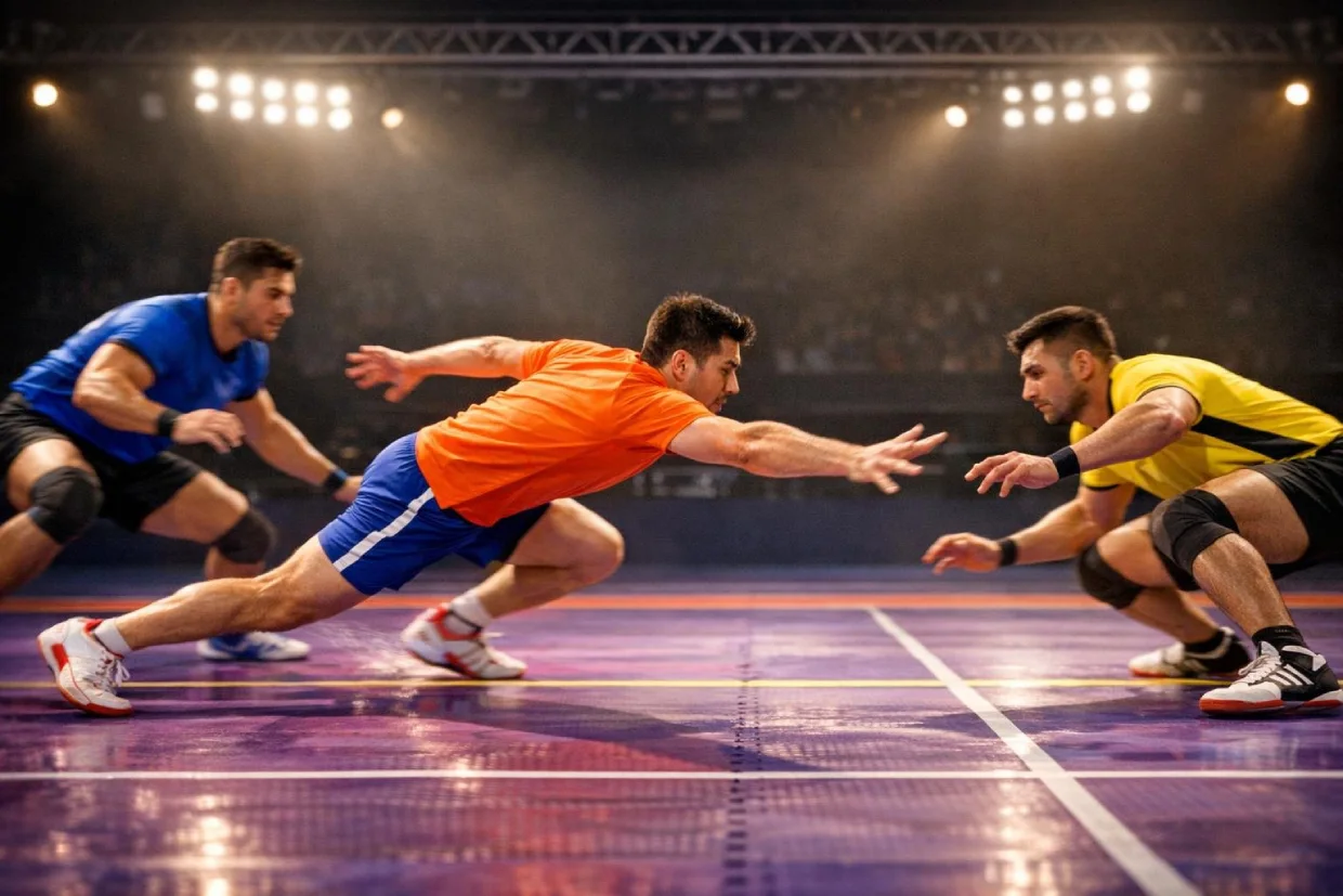 Kabaddi raider tagging a defender during a Pro Kabaddi League match