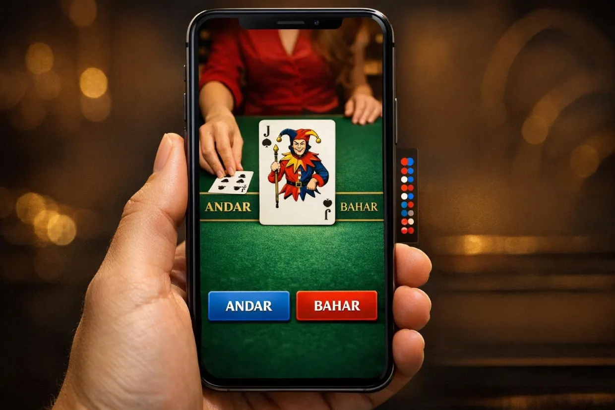 Live Andar Bahar dealer table streaming on mobile with betting interface