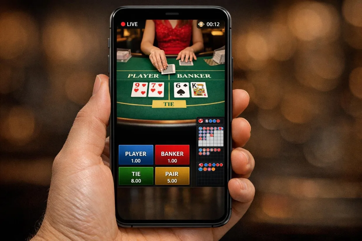 Live baccarat dealer table streaming on mobile with betting interface and scoreboard