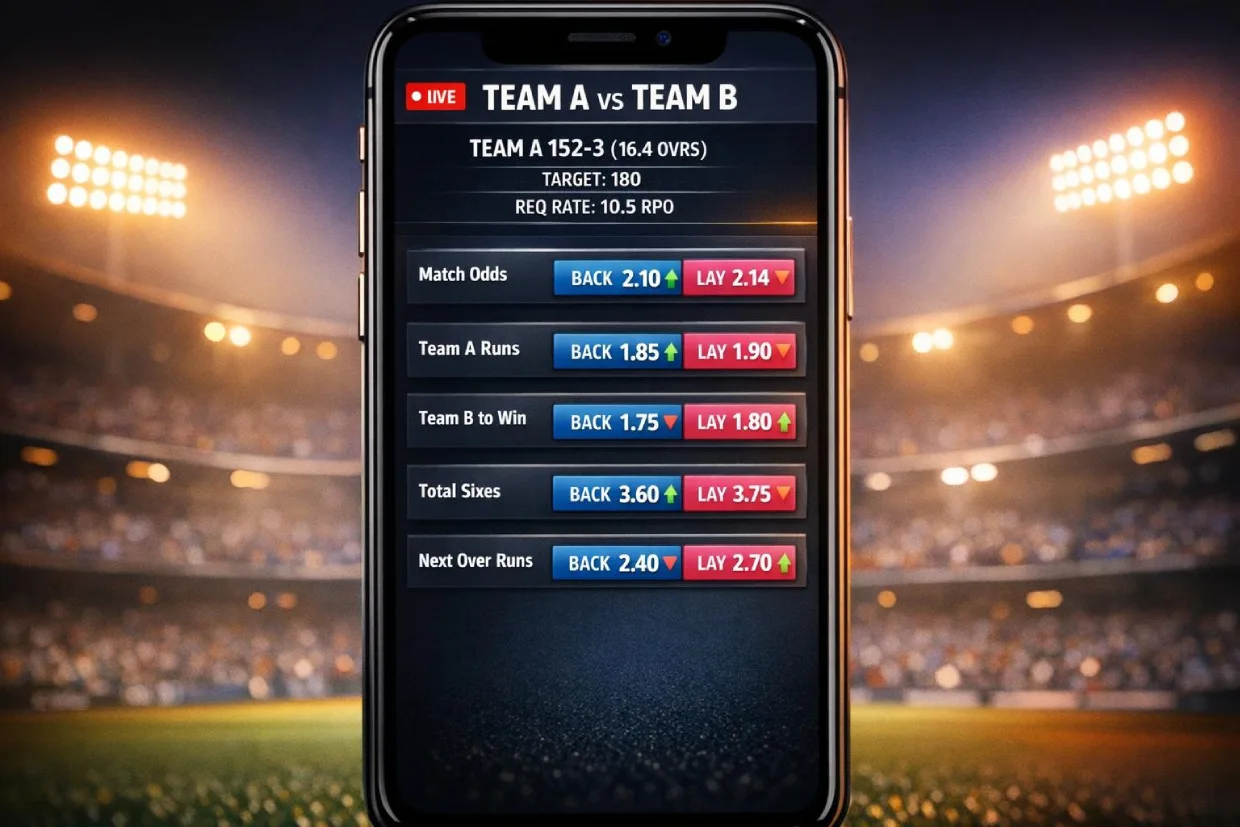 Skyinplay live cricket exchange odds showing back and lay prices with real-time movement
