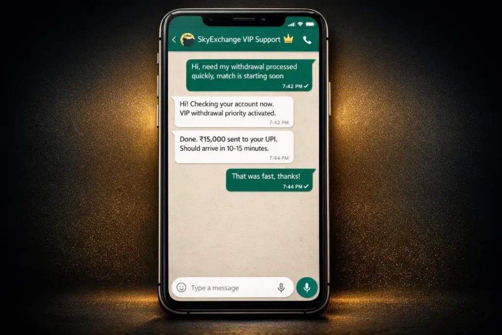 SkyExchange VIP priority WhatsApp support chat showing a withdrawal processed in under 2 minutes